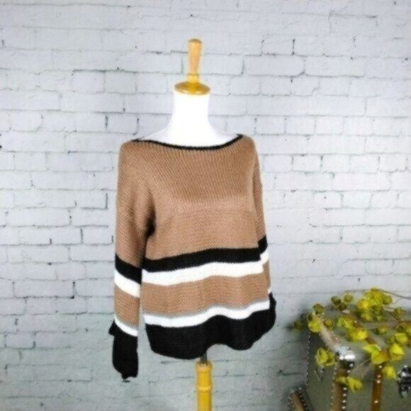 Lumiere Sweaters - Lumiere Neutral Striped Bell Sleeve Sweater Brown Size Small